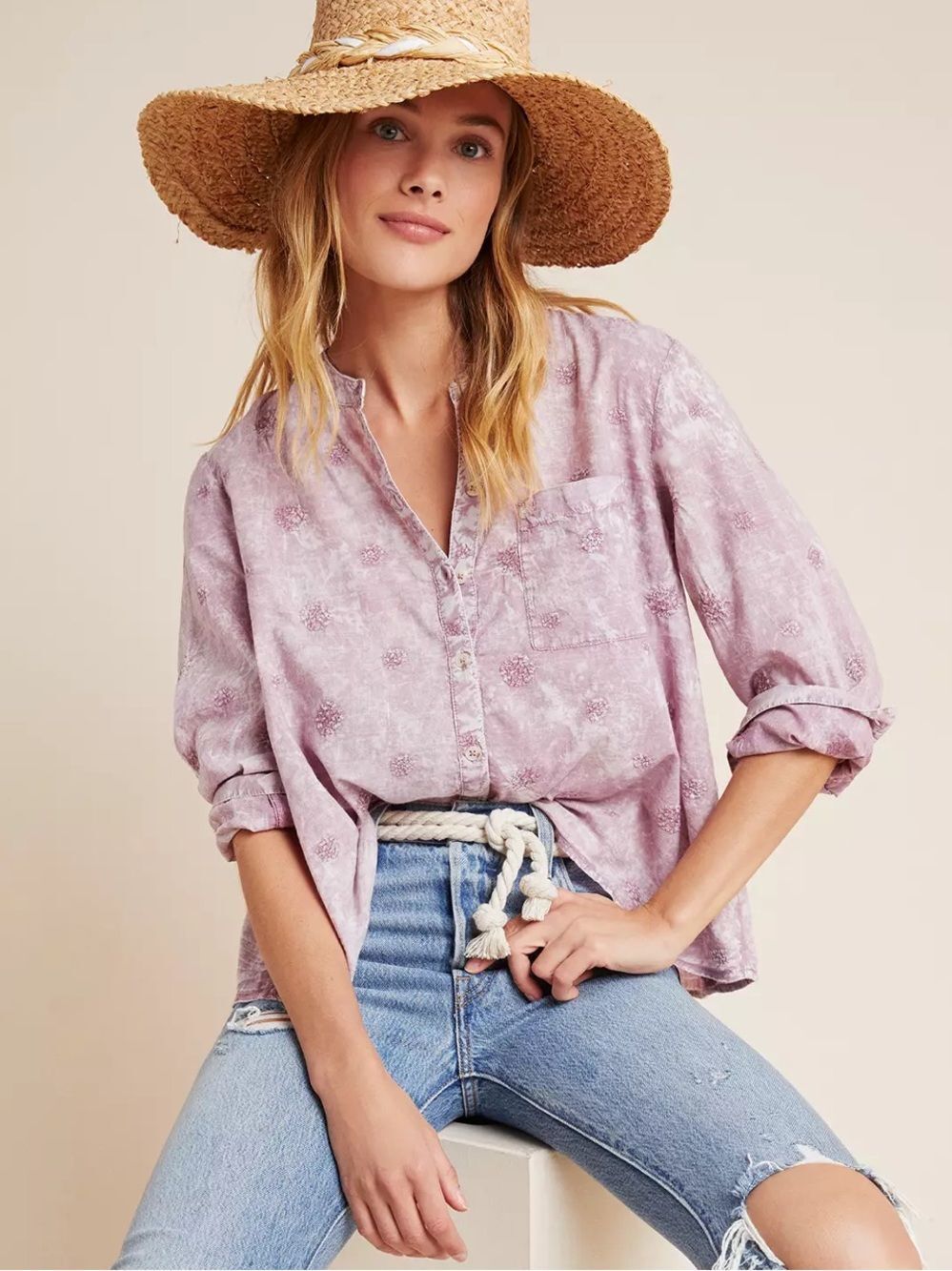 Anthro x Pilcro M Rayna Pink Lavender Cloud Tie Dye Embroidered Relaxed Shirt